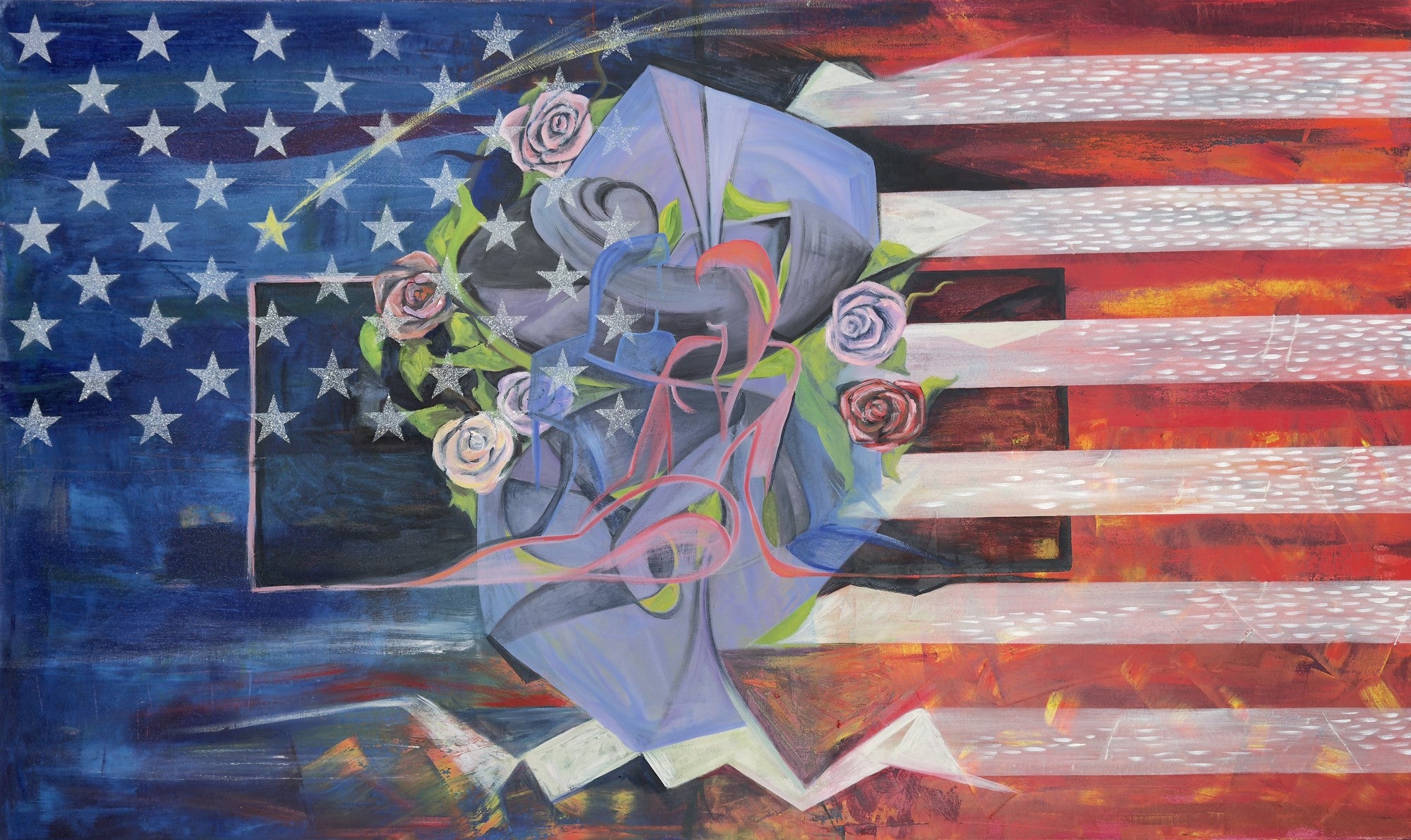 Twins - abstract painting of American flag with rose bouquet